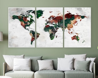 World Map Push Pin Wall Art on Canvas, Brown and Green Colors Adventure Wall Decor, Earth Artwork, Original Design Map, Travel Gift