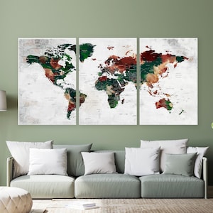 World Map Push Pin Wall Art on Canvas, Brown and Green Colors Adventure Wall Decor, Earth Artwork, Original Design Map, Travel Gift