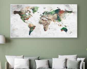 World Map Wall Art, Earth Colors Adventure Push Pin Travel Map on Canvas, Natural Colors Wall Art, Home, Office, Living Room Decor
