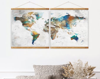 World Map Canvas Wall Hanging, Rustic Frame Home Decor 2 Banner, Earth Art Decoration, World Map Poster Print, Map ot The World Wall Art