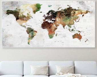 World Map Push Pin Wall Art on Canvas – Beige & Brown Tones, Travel Gift, Adventure Decor