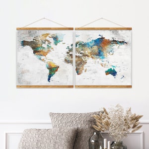 Lienzo con mapa del mundo para colgar en la pared, marco rústico para decoración del hogar, 2 pancartas, decoración artística de la Tierra, póster con mapa del mundo, arte mural con mapa del mundo