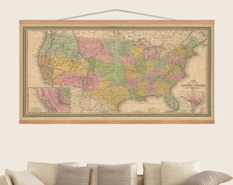 Hanging United States Vintage Map, Rustic Frame Retro Home Decor, Old US Map Wall Art 1852, Vintage Decoration, Huge Size Hanging Wall Decor