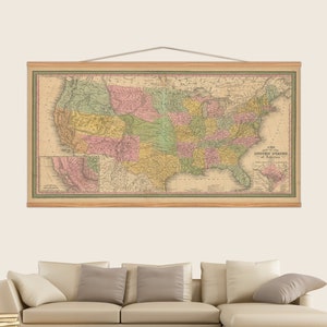 Hängende USA Vintage Karte, rustikaler Rahmen Retro Wohnkultur, alte US Karte Wandkunst 1852, Vintage Dekoration, riesige hängende Wanddekoration