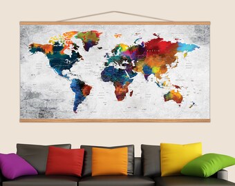 Hanging World Map Canvas, Rustic Frame Home Decor, Colorful World Map Wall Art, Earth Art Decoration, Huge Size Hanging Wall Decor