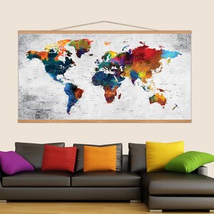 Hängende Weltkarte Leinwand, rustikale Rahmen Wohnkultur, bunte Weltkarte Wandkunst, Erde Kunst Dekoration, riesige Größe hängende Wanddekoration