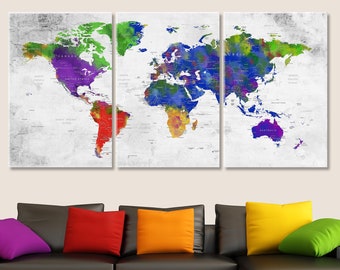 World Map Wall Art, Colorful Push Pin Travel Map on Canvas, Rainbow Colors World of Map Art, Home, Office, Living Room Decor, Travel Gift