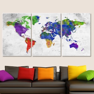 Weltkarte Wandbild, bunte Stecknadel Reise Karte auf Leinwand, Regenbogenfarben Weltkarte Kunst, Haus, Büro, Wohnzimmer Dekor, Reisegeschenk
