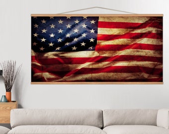 United States Flag Hanging Canvas, Rustic Frame Home Decor, American Tapestery, Living Room Wall Decor, Huge Size Wall Hanging Canvas