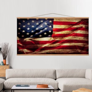 United States Flag Hanging Canvas, Rustic Frame Home Decor, American Tapestery, Living Room Wall Decor, Huge Size Wall Hanging Canvas