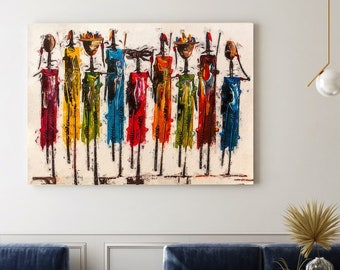 Masai African Women Wall Art, Abstract Canvas Print, Colorful Painting, Ethnic Canvas Wall Art, HD Detailed Canvas