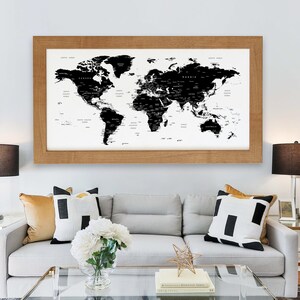 Mapas del mundo imprimibles, descargables en blanco y negro, mapas decorativos grandes del mundo, archivos de impresión digital, decoración DIY