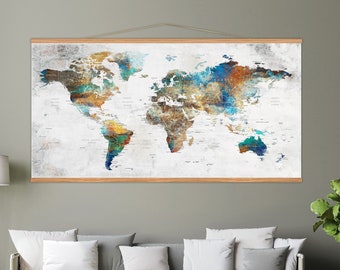 Hanging World Map Canvas, Rustic Frame Home Decor, World Map Wall Art, Earth Art Decoration, Huge Size Hanging Wall Decor