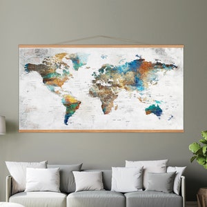 Hängende Weltkarte Leinwand, rustikale Rahmen Wohnkultur, Weltkarte Wandkunst, Erde Kunst Dekoration, riesige Größe hängende Wanddekoration