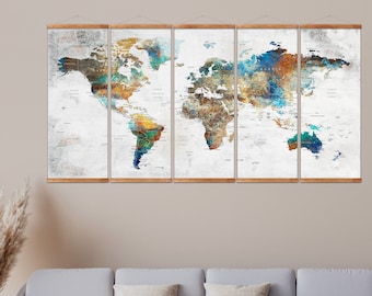 XL World Map Canvas Wall Hanging, Map ot The World Wall Art, Rustic Frame Home Decor, Earth Art Canvas Print Decor, World Map Poster Print
