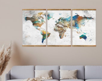 World Map Canvas Wall Hanging, Rustic Frame Home Decor Banners, Earth Art Decoration, World Map Poster Print, Map ot The World Wall Art