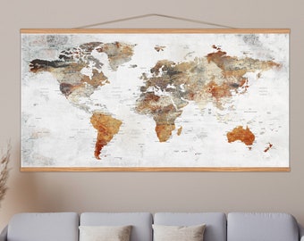 Hanging World Map Canvas, Rustic Frame Home Decor, Earth Colors World Map Wall Art, Earth Art Decoration, Huge Size Hanging Wall Decor