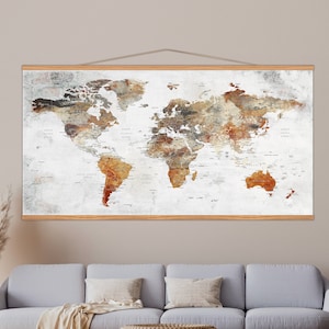 Hängende Weltkarte Leinwand, rustikale Rahmen Wohnkultur, Erdfarben Weltkarte Wandkunst, Erde Kunst Dekoration, riesige Größe hängende Wanddekoration