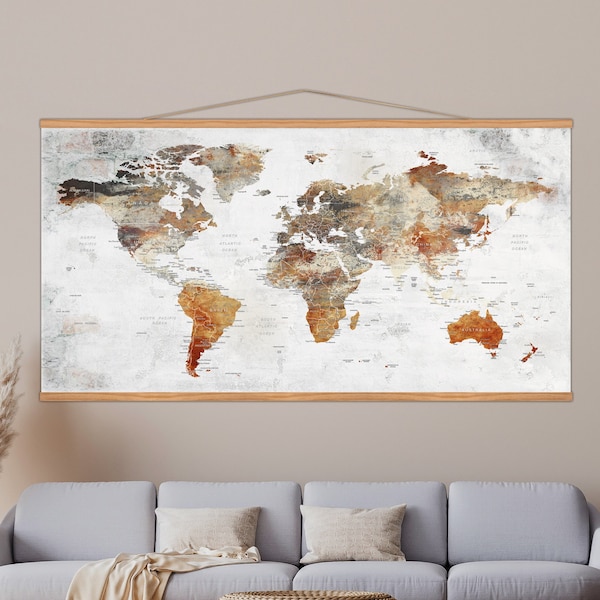 Hanging World Map Canvas, Rustic Frame Home Decor, Earth Colors World Map Wall Art, Earth Art Decoration, Huge Size Hanging Wall Decor
