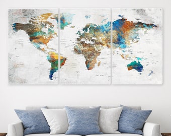 World Map Wall Art, Large Canvas, Adventure Push Pin Travel Map, Soft Color Decoration Object, Home, Office, Living Room Decor