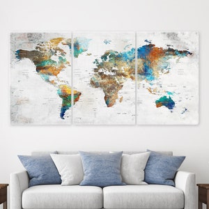 Weltkarte Wandkunst, große Leinwand, Abenteuer Pushpin Reisekarte, weiche Farbe Dekorationsobjekt, Haus, Büro, Wohnzimmer Dekor