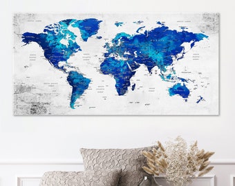 Blue Color World Map Wall Art, World Map Canvas Wall Art Push Pin Map World Artwork, Earth Art Decor, Adventure Decor for Living Room