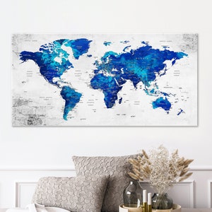 Blaue Farbe Weltkarte Wandkunst, Weltkarte Leinwand Wandkunst Push Pin Map Welt Kunstwerk, Erde Kunst Dekor, Abenteuer Dekor für Wohnzimmer