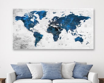 World Map Wall Art Canvas, Large Navy Blue Adventure Push Pin Decor, Home, Office, Living Room Decor, Travel Gift, Travel Pinning On Map