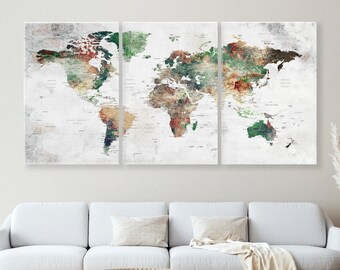World Map Push Pin Wall Art on Canvas, Adventure Wall Decor, Earth Artwork, Original Design Map, Travel Gift