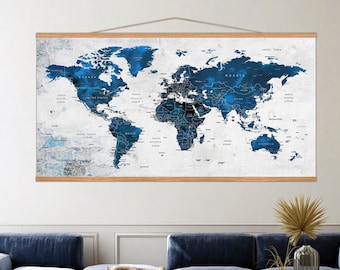 Hanging World Map Canvas, Rustic Frame Home Decor, Navy Blue World Map Wall Art, Earth Art Decoration, Huge Size Hanging Wall Decor