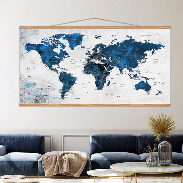 Hanging World Map Canvas, Rustic Frame Home Decor, Navy Blue World Map Wall Art, Earth Art Decoration, Huge Size Hanging Wall Decor