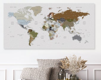 World Map Canvas – Earth Tones Push Pin Travel Map, Soft Natural Colors, Adventure Wall Art for Home & Office