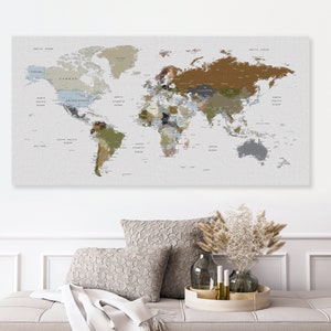 World Map Wall Art, Earth Colors Adventure Push Pin Travel Map on Canvas, Soft Natural Colors Earth Art, Home, Office, Living Room Decor image 1