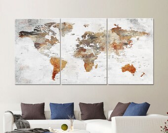 World Map Push Pin Canvas, Large Wall Art Canvas, Adventure and Travel Decoration, Earth Colors World Map Design