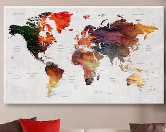 Travel World Map, World Map Canvas, Push Pin World Map, Home & Office Decor, Large Map Print, Extra Large Canvas, Wanderlust World Map Gift