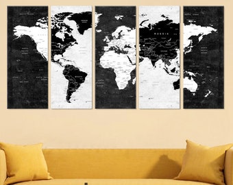 World Map Wall Art, Push Pin Travel Map, Black And White Earth Art Decor, Wall Art Of Living Room, World Map Canvas