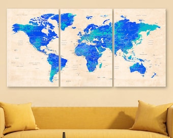 Beige and Blue Push Pin Travel Map, World Map Canvas, Wanderlust Map Wall Art, Office Decor, Living Room Wall Decor, Adventure World Map