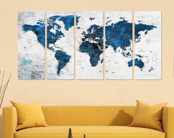Extra Large World Map Canvas Wall Decor, Push Pin Travel Map, Navy Blue Color World Map, Teal Color Living Room, Home, Office Wall Decor