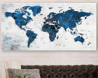 World Map Canvas, Push Pin Travel Map, Navy Blue World Map, Large Canvas Wall Art, Adventure World Map, Home Gift, Office Decor, Wall Decor