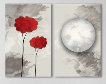 Modern Painting Canvas Boho Decor, Red Trees And Moon, Two Panel Set Abstract Canvas, Large Home and Office decor, Landscape Wall Art