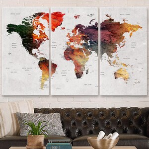 World Map Canvas Wall Art, Colorful Earth Art Wall Decor, Home & Office Decor, Wall Art for Living Room, Adventure Push Pin Travel Map