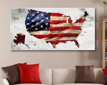 US Map Wall Art Canvas, 250 Years Freedom, 4th of July Independence Day Map With US Flag Push Pin