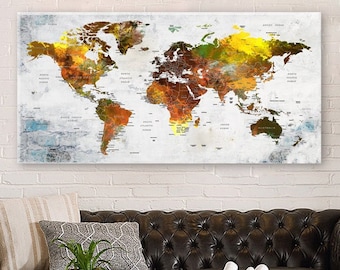 World Map Wall Art Canvas, Autumn Colors Push Pin Travel Map, Large Home & Office Decor, Earth Colors Art, World Map Wall Decor