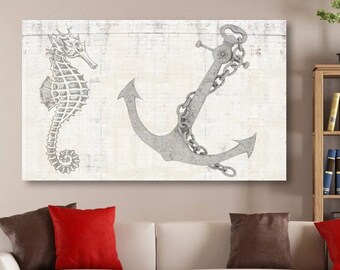 Anchor and Seahorse, Canvas Wall Art, Ocean Wall Decor, Sea Horse Canvas, Anchor Design, Beach, Lake Home Art, Office Decor, Living Room