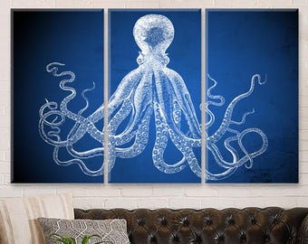 Navy Blue Octopus Canvas Wall Decor, Large Canvas Home, Office, Living Room Decor, Octopus Wall Art