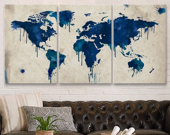 World Map Canvas Art Decor, Navy Blue World Map, Watercolor Canvas Art, Wall Decor, Home Gift, Office Decor