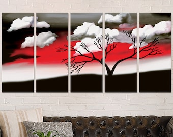 Abstract Landscape Decor, Modern Art Wall Decor, Red Sky And Tree, Large Abstract Canvas, Office Decor, Wall Decor, Home Gift