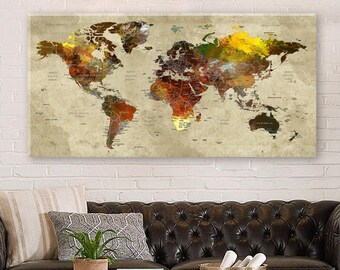 World Map Wall Art Canvas, Push Pin Travel Map, Large Canvas Home, Office, Living Room Decor, Ready to Hang Canvas Adventure World Map