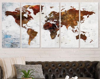World Map Canvas, Push Pin Travel Map, Large Canvas Brown Map Decor, Adventure Wall Decor, Home Canvas Decor, Wanderlust and Travel Gift