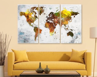 World Map Wall Art, Autumn Colors Large Canvas Travel Map, Adventure Canvas Home or Office Decor, Geographic Decoration Art
